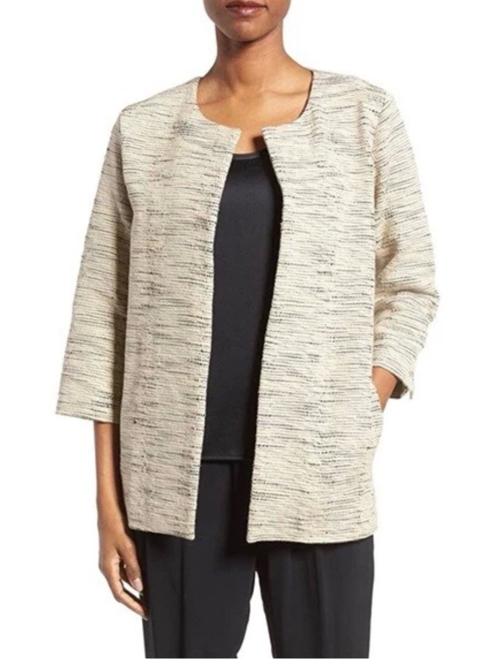 Eileen Fisher Handloomed Cotton Furrows Round Neck Jacket Natural Small Jacquard